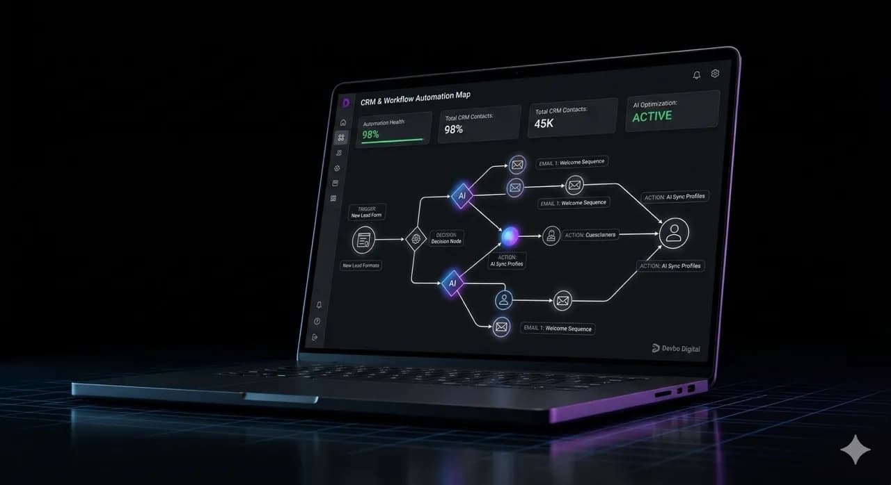 Laptop displaying AI automation with nodes connecting eachother