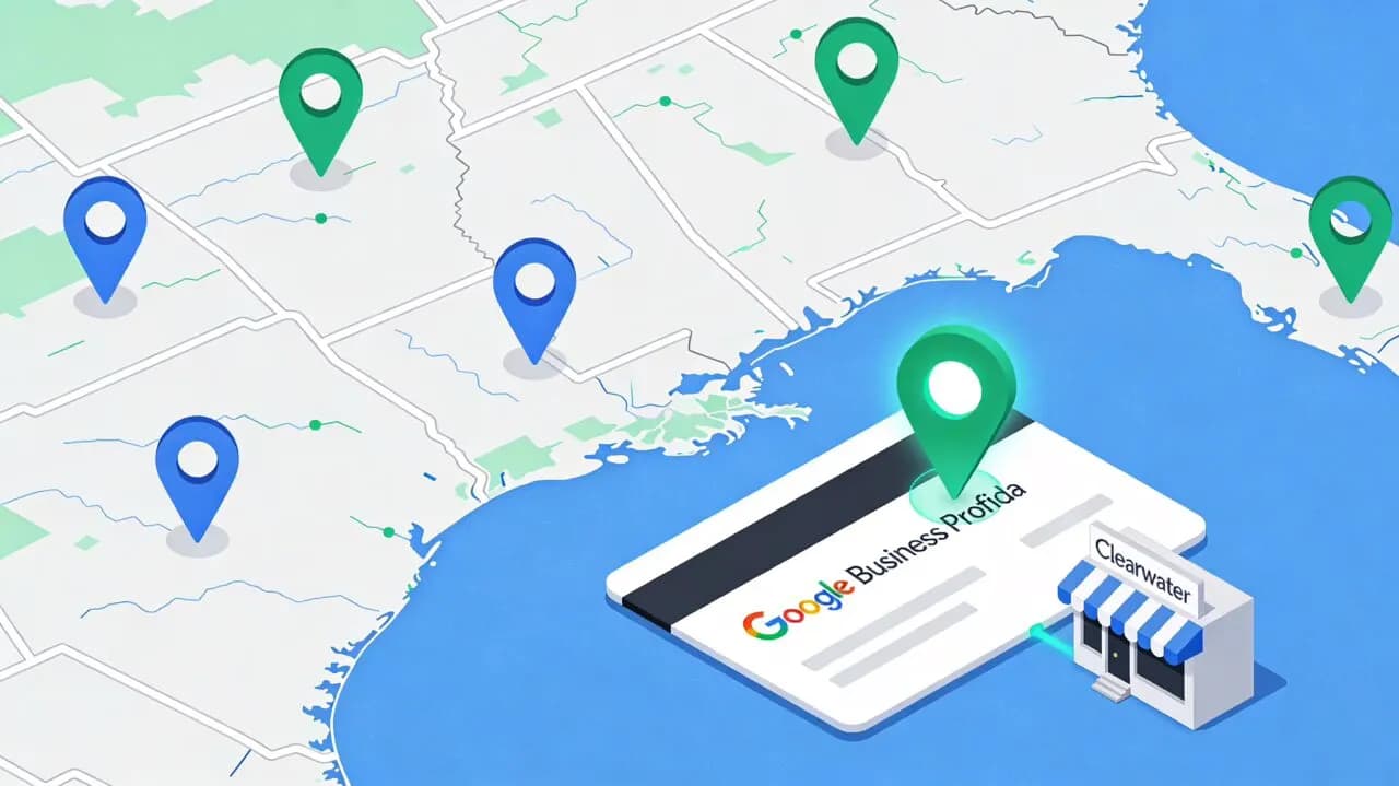 Concept art of a local business gaining visibility through an optimized Google Business Profile and map listing 
