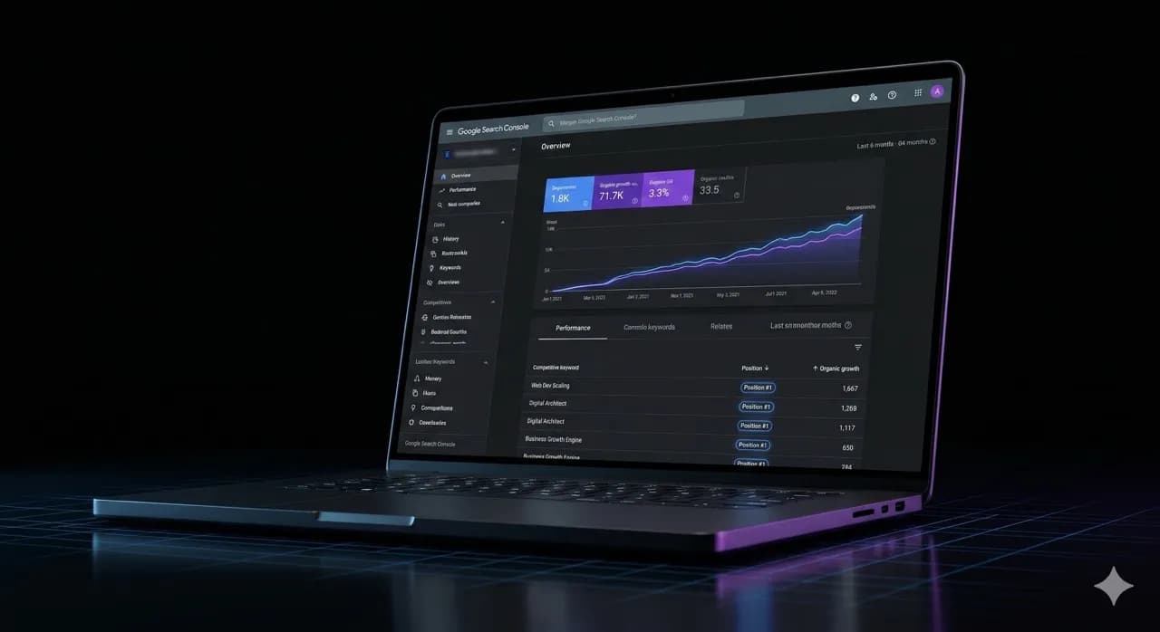 Laptop displaying search engine analytics rising