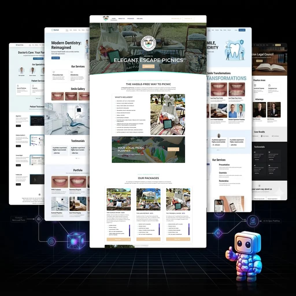 5 Web Design Mockups with Devbot giving the thumbs up