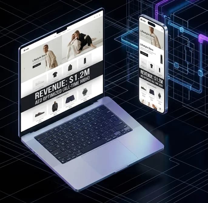 Laptop showing eCommerce store with $1.2M in revenue