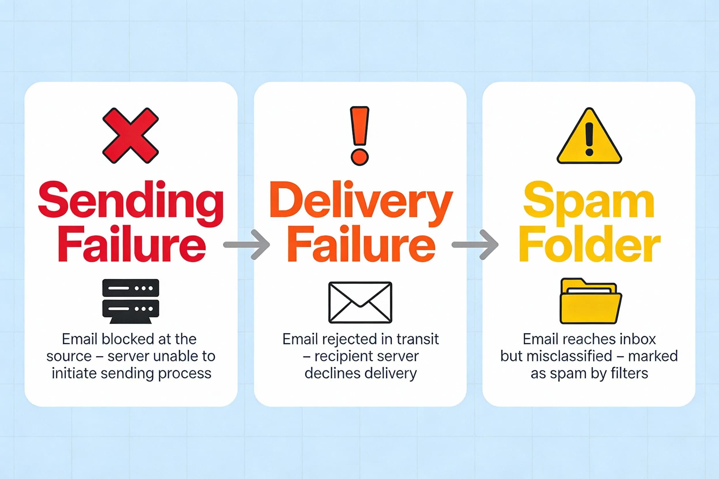 comparing three types of WordPress email failures and spam placement