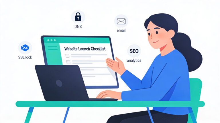 image of woman launching her website with a checklist