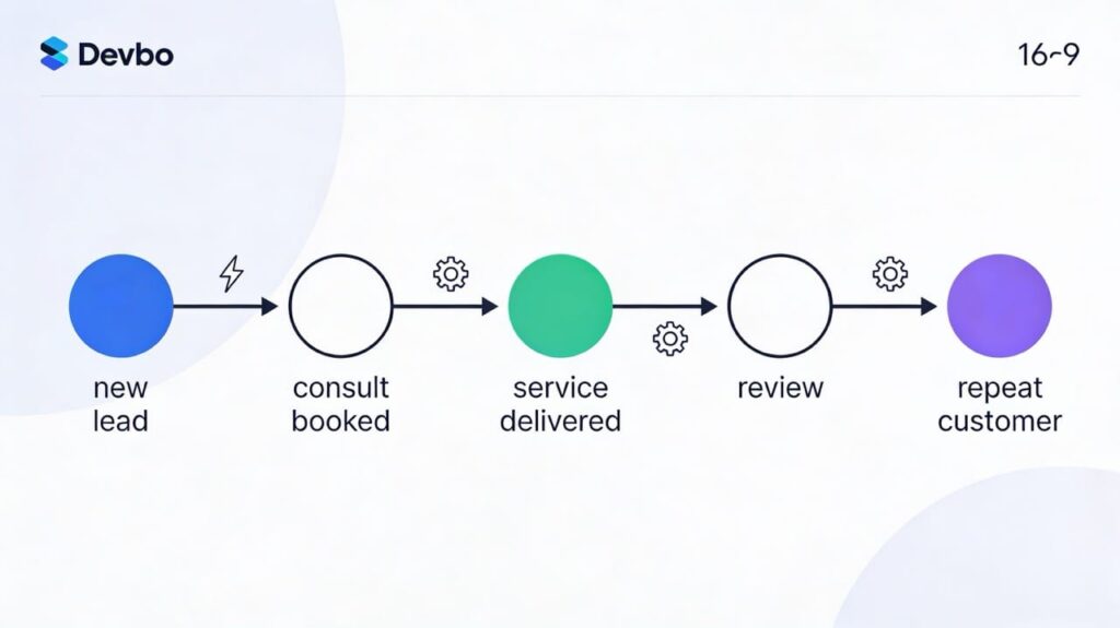 Flowchart-style path from new lead to repeat customer with automation icons along each step of the journey.