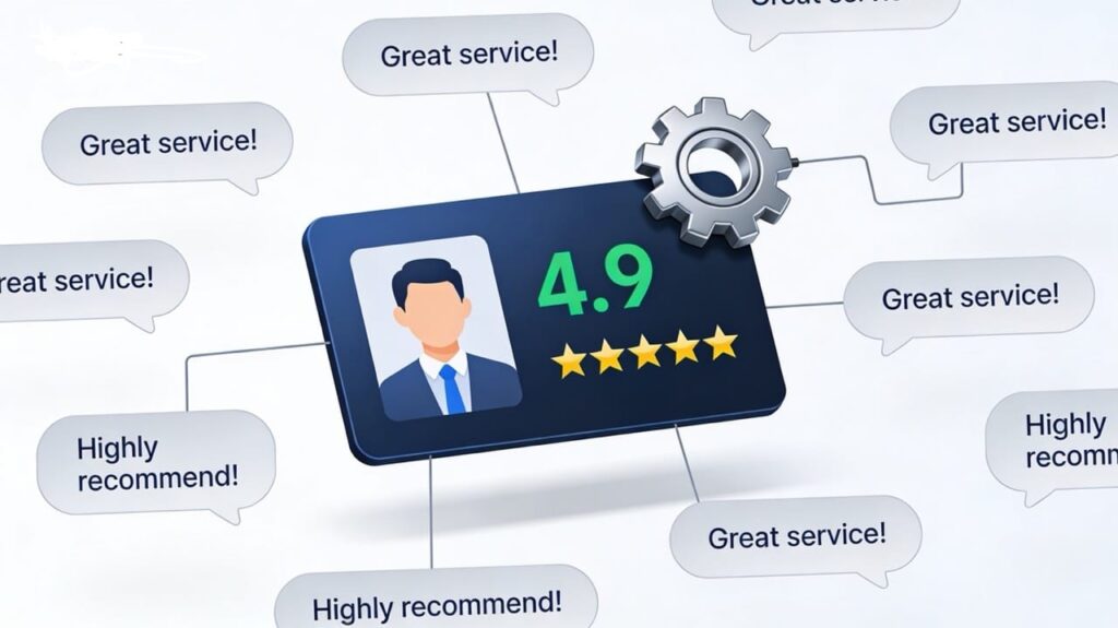 Business profile card with a high star rating surrounded by review bubbles connected to an automation gear icon.