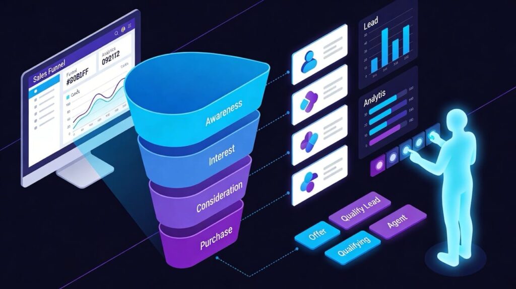 Isometric sales funnel dashboard connected to a small business website with a digital assistant qualifying leads and adjusting offers.