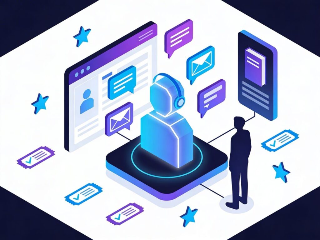 Isometric laptop showing a local service website with a digital receptionist handling chats, calls, and calendar bookings.