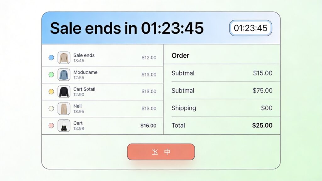 Cart page mockup with a limited-time offer banner and a small countdown timer above the checkout button.
