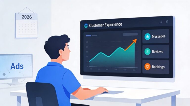Small business owner reviewing a customer experience dashboard showing messages, reviews, and bookings, while an ads screen fades in the background.