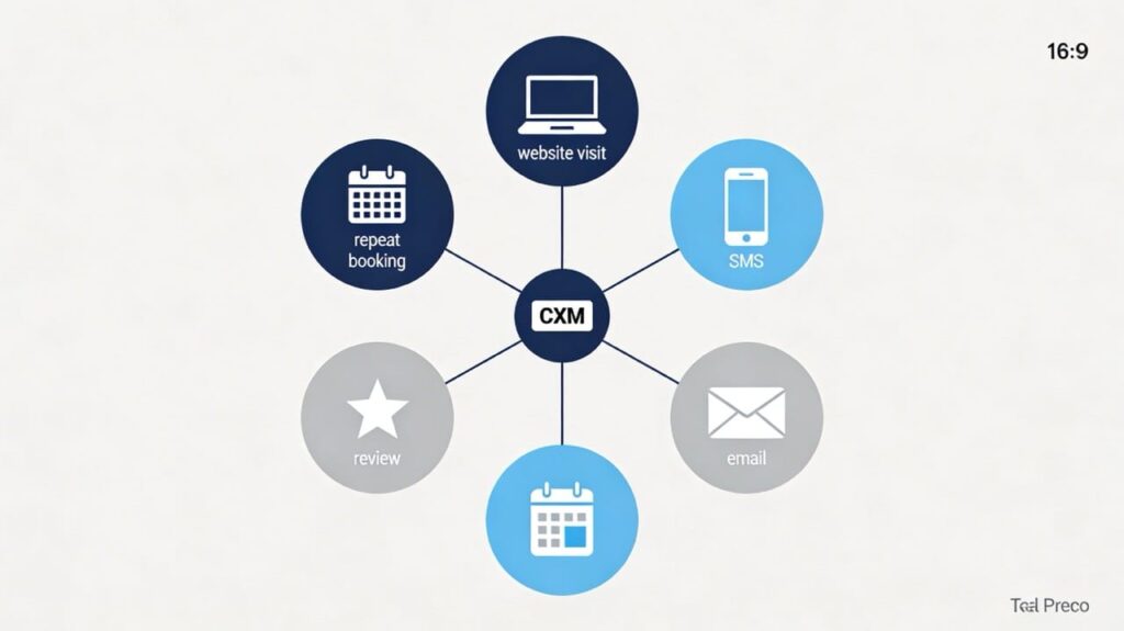 Simple customer journey map from first website visit to repeat purchase, all connected to a central CXM hub.
