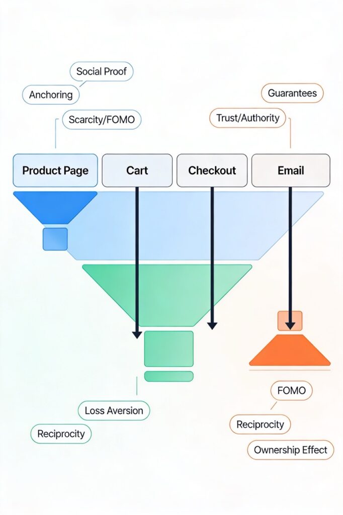 Diagram of the eCommerce funnel with notes on which psychological triggers to test at each stage.