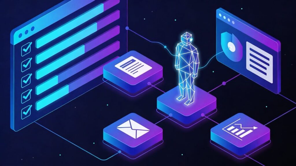Isometric project manager dashboard coordinating timelines, tasks, and website automations across forms, emails, and analytics.