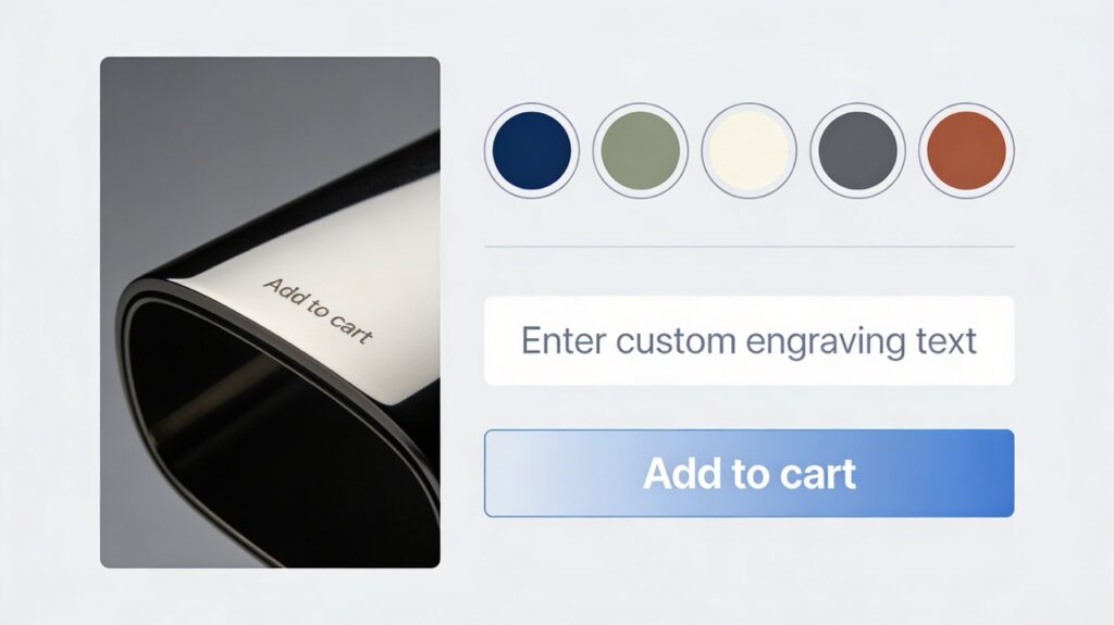 Product customizer mockup that lets shoppers choose color and engraving before adding an item to cart.