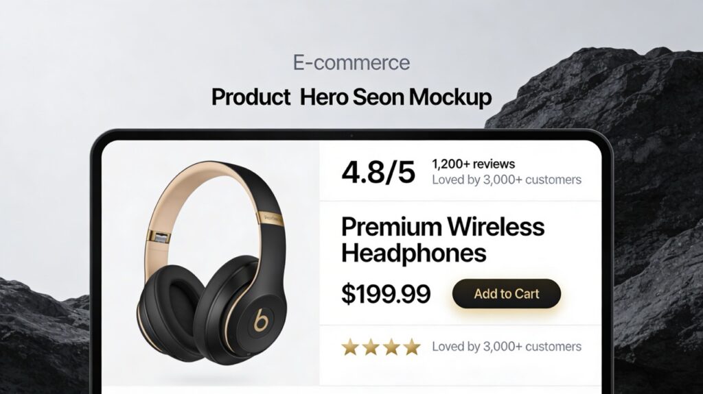 Product hero mockup with star rating, review count, and social proof headline above the fold.