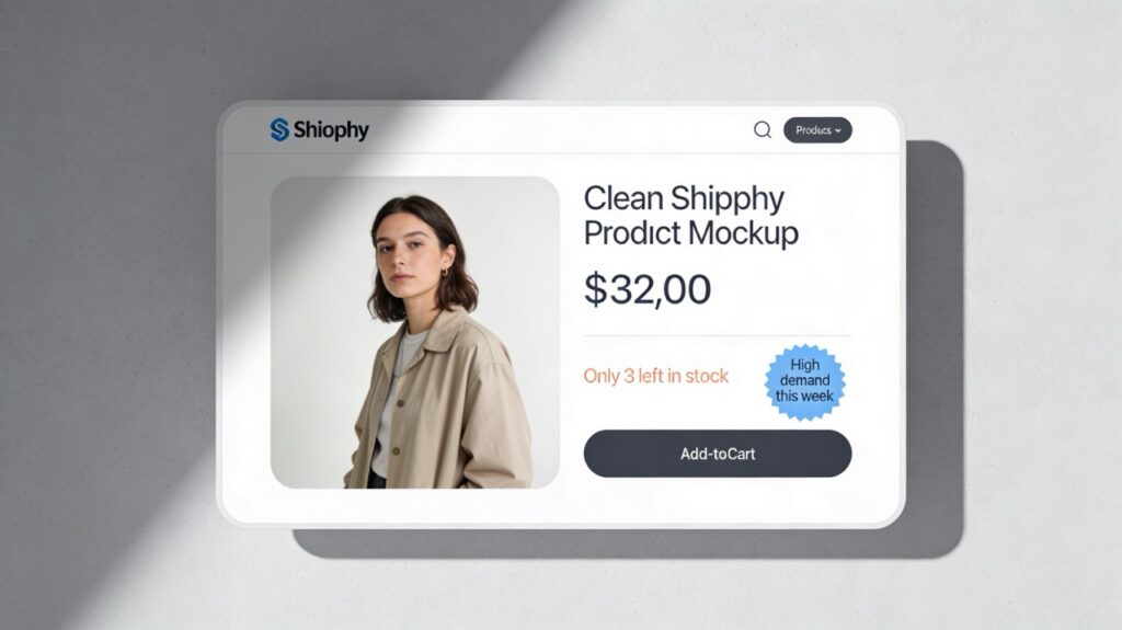 Shopify product page mockup showing genuine low-stock notice and high-demand badge.