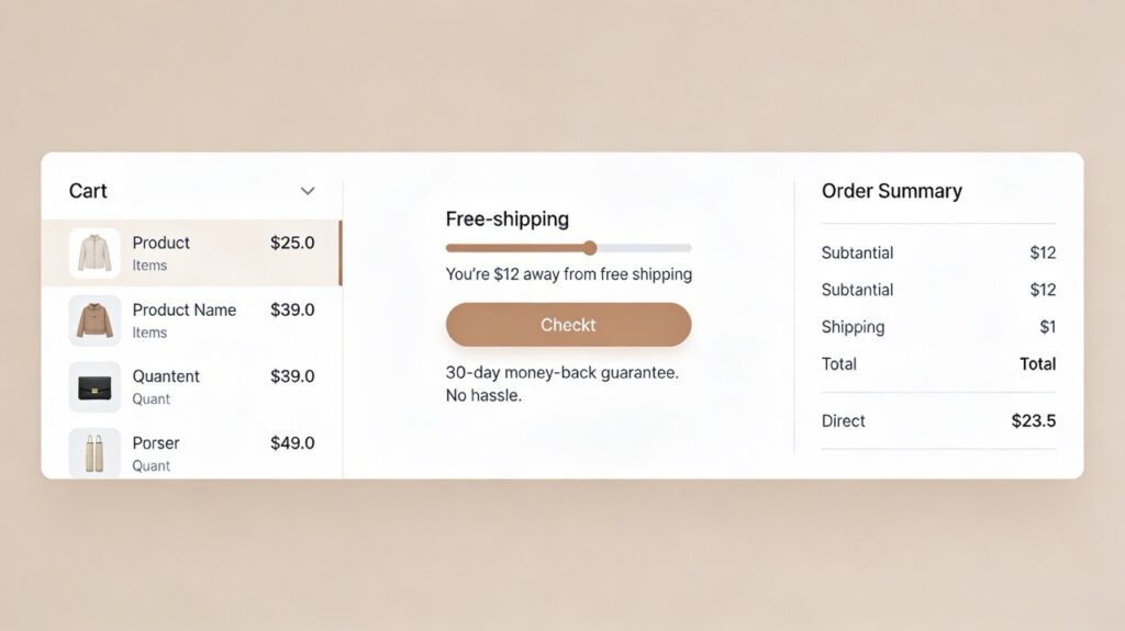 WooCommerce cart mockup with free-shipping progress bar and simple money-back guarantee message.